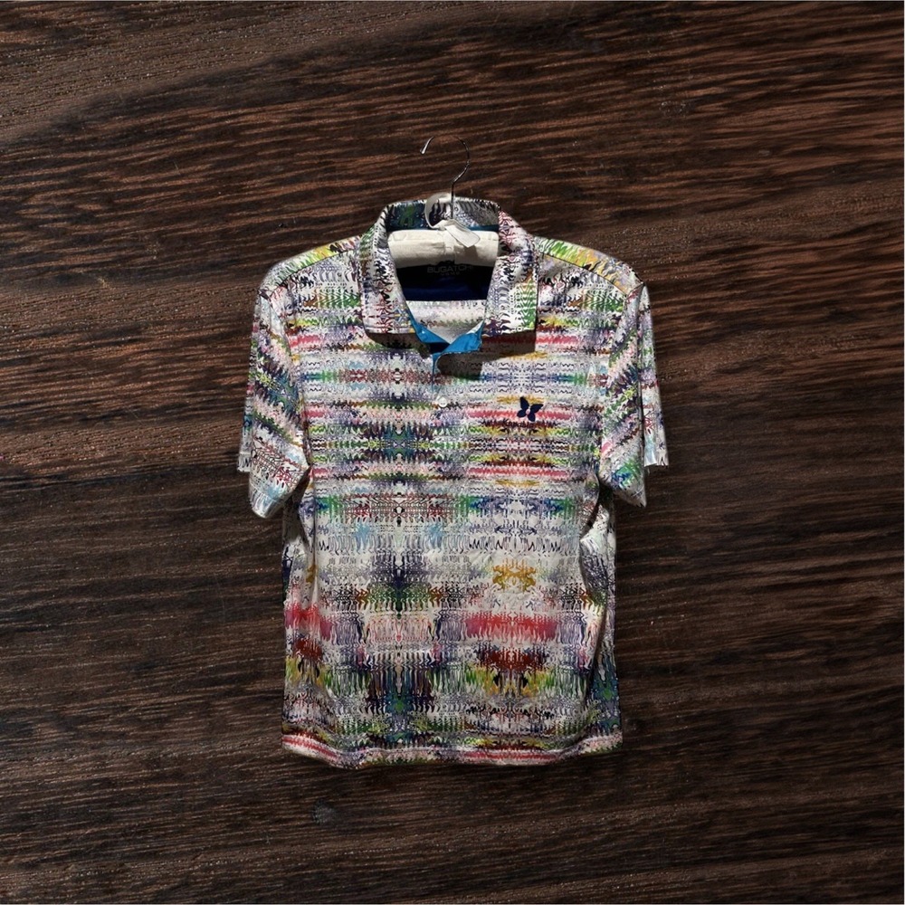 Bugatchi Uomo Polo Shirt Mens M White Pink Blue Abstract Print Performance Golf